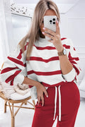 Red-and-white striped long-sleeve top with red jogger pants set