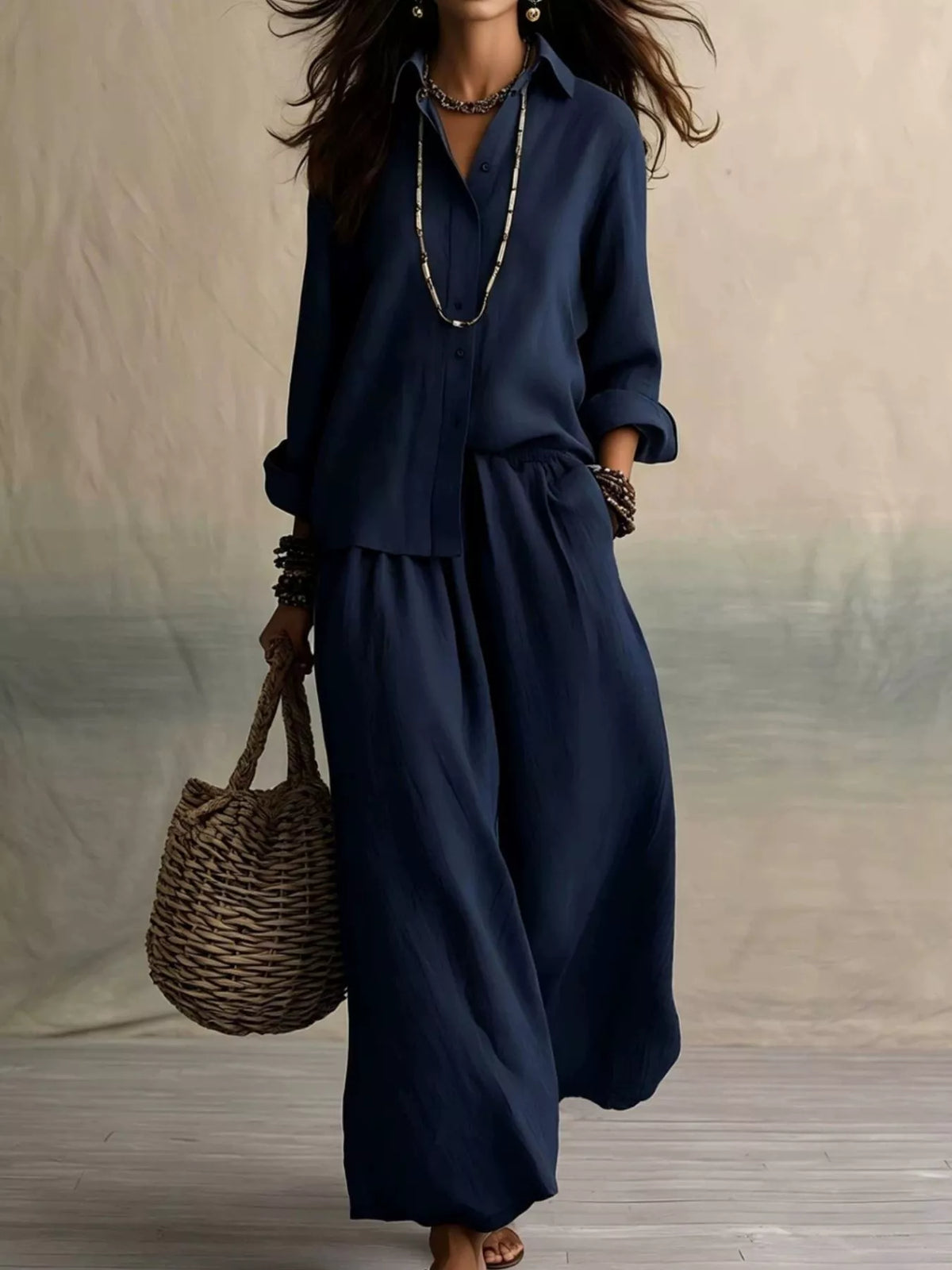 Navy button-up shirt and wide-leg pants two-piece set with relaxed gathered waist