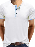 White henley polo shirt with blue placket, three-button front, contrast trim on sleeves.