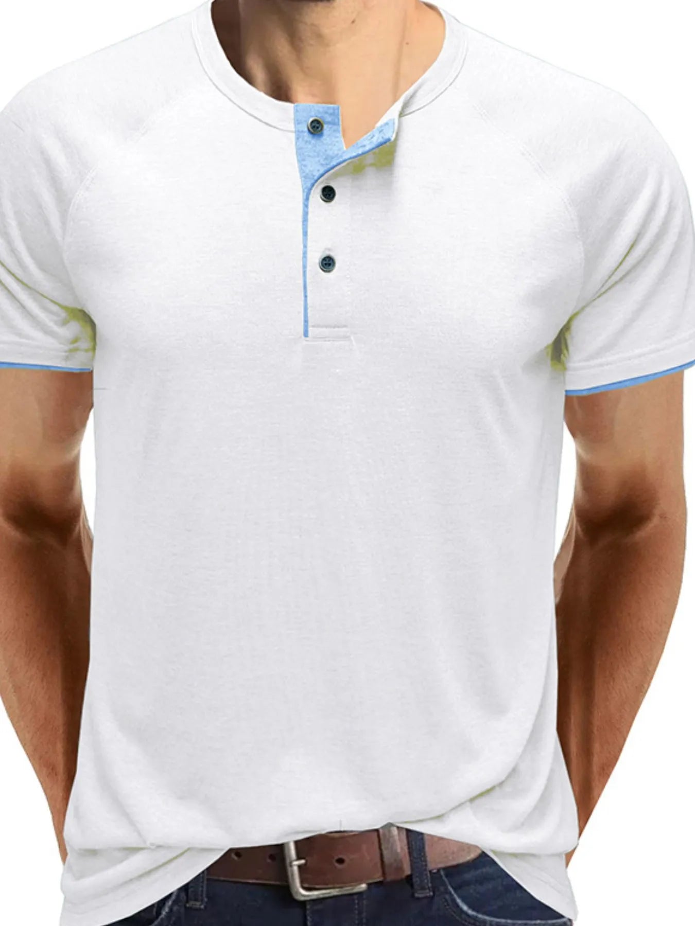 White henley polo shirt with blue placket, three-button front, contrast trim on sleeves.