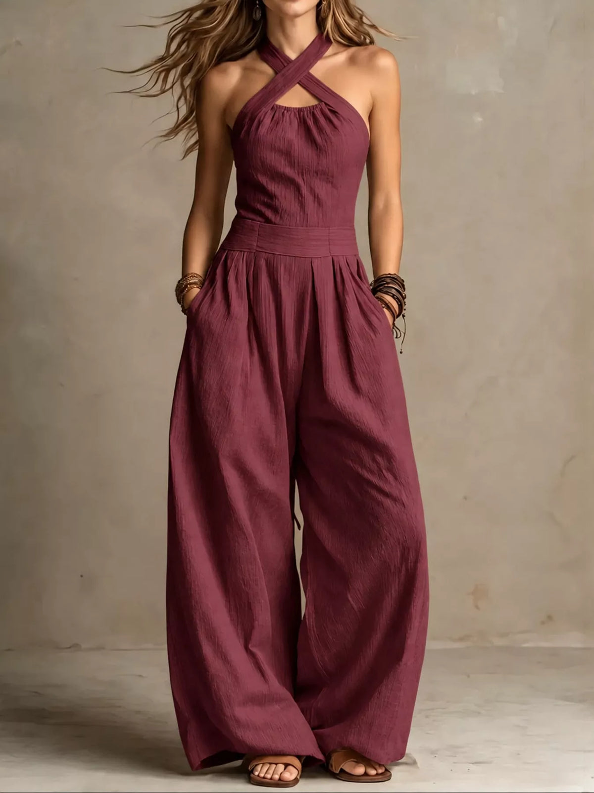 Brick red halter linen jumpsuit with high waist and loose wide-leg pants