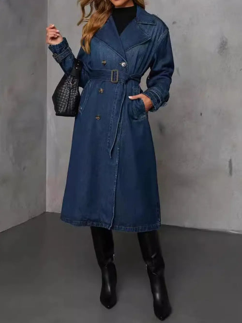 Dark denim longline trench-style jacket with belt, double buttons and flap pockets