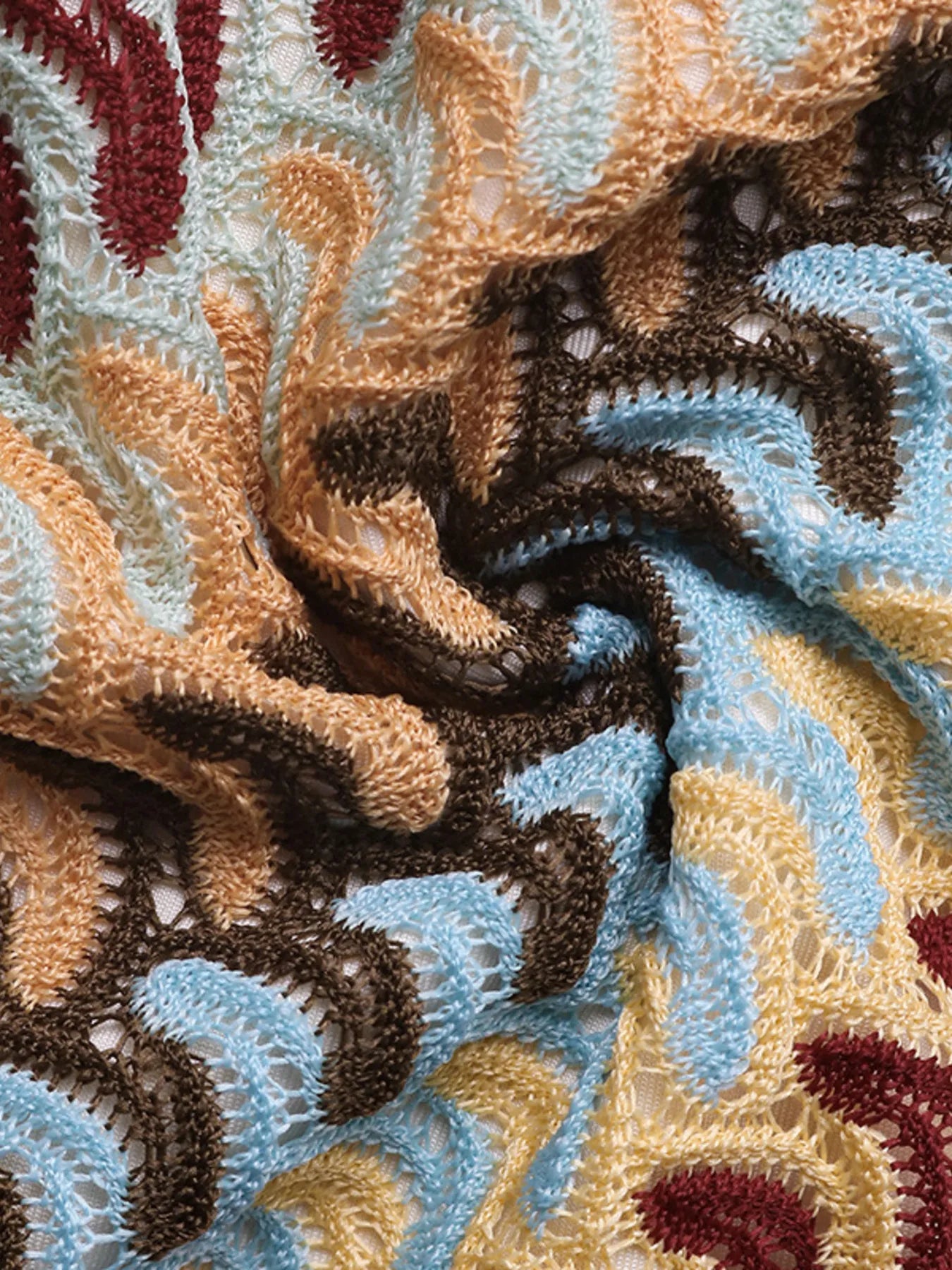 Single Shoulder Cutout Mini Dress fabric: multicolor crochet lace in peach, light blue, tan, brown.