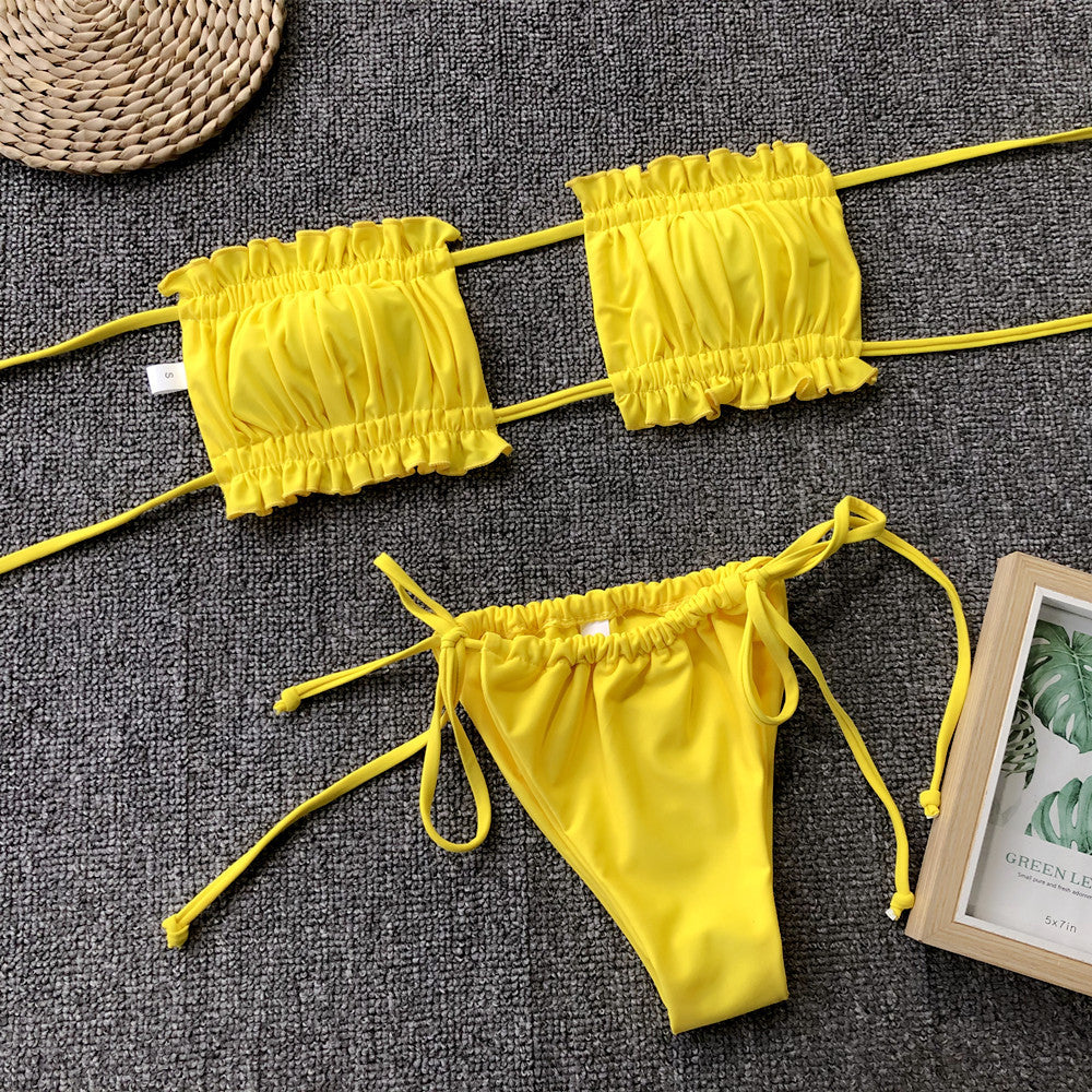 Ruched frill-trim bikini set in yellow: bandeau top and string bikini bottom