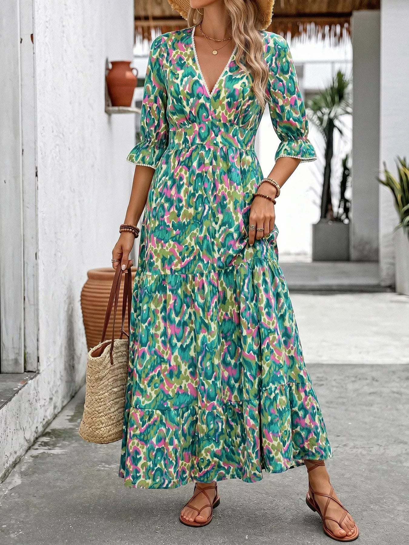 Cedar & Moore Printed V-Neck Flounce Sleeve Dress in teal/green/pink abstract print by Trendsi