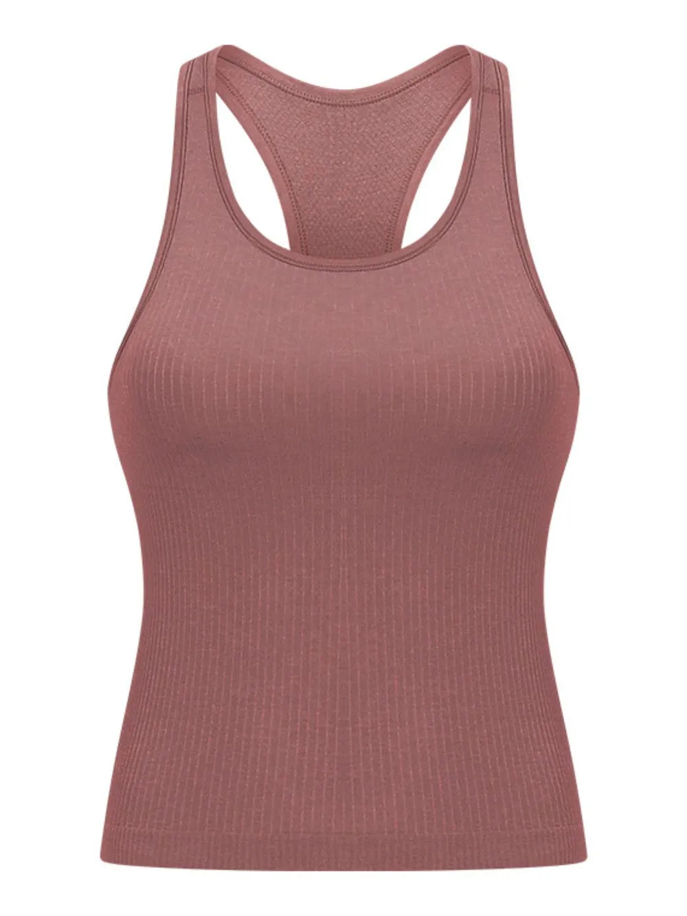 Dusty pink sleeveless active tank top with round neck and racerback back opening.