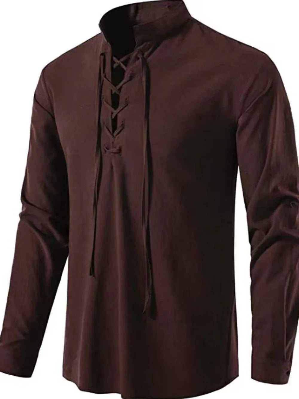 Men's long-sleeve lace-up shirt with stand collar, dark brown