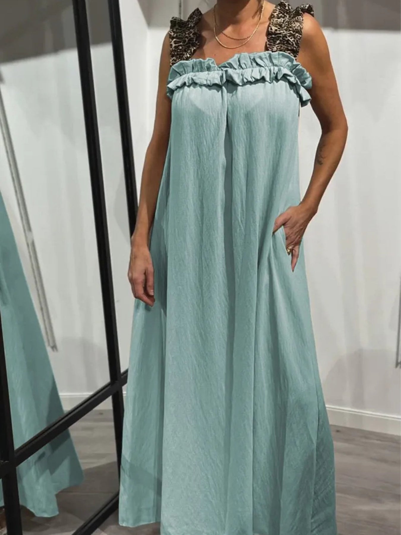 Plus-size maxi dress with ruffled leopard-print straps and pockets in seafoam blue