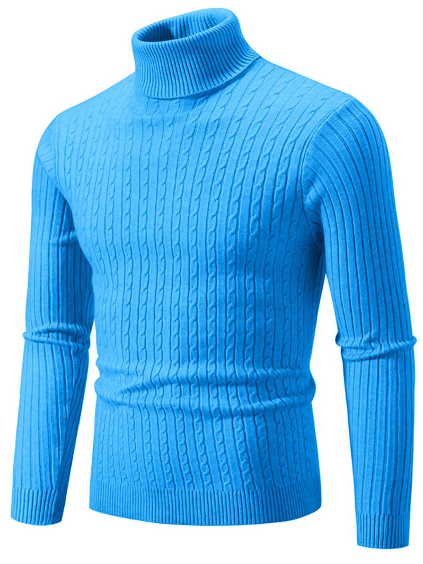 Men's plus size ribbed turtleneck sweater in bright blue, long sleeves, ribbed knit.