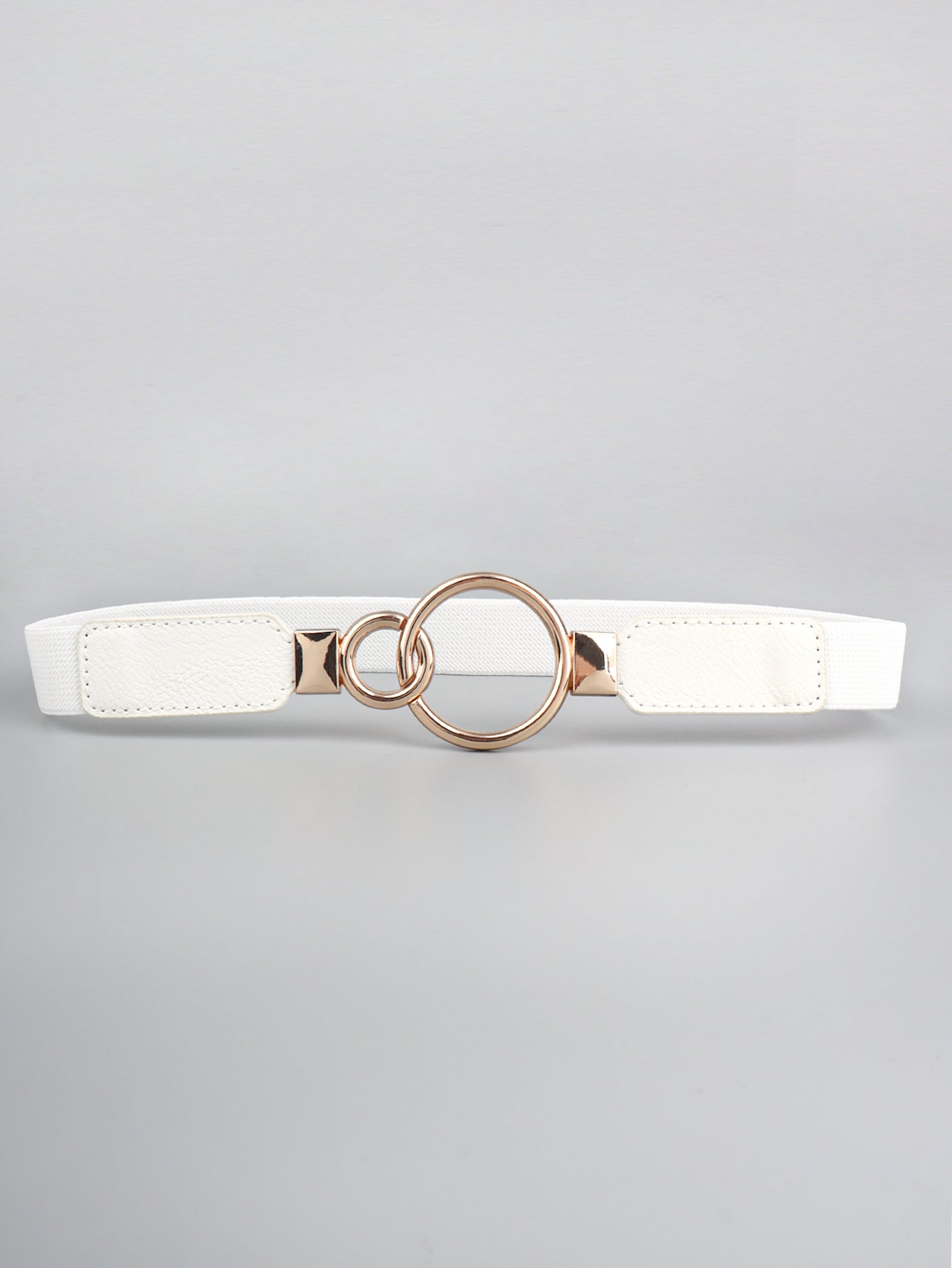 White elastic vegan leather belt with double ring buckle and rose-gold metal