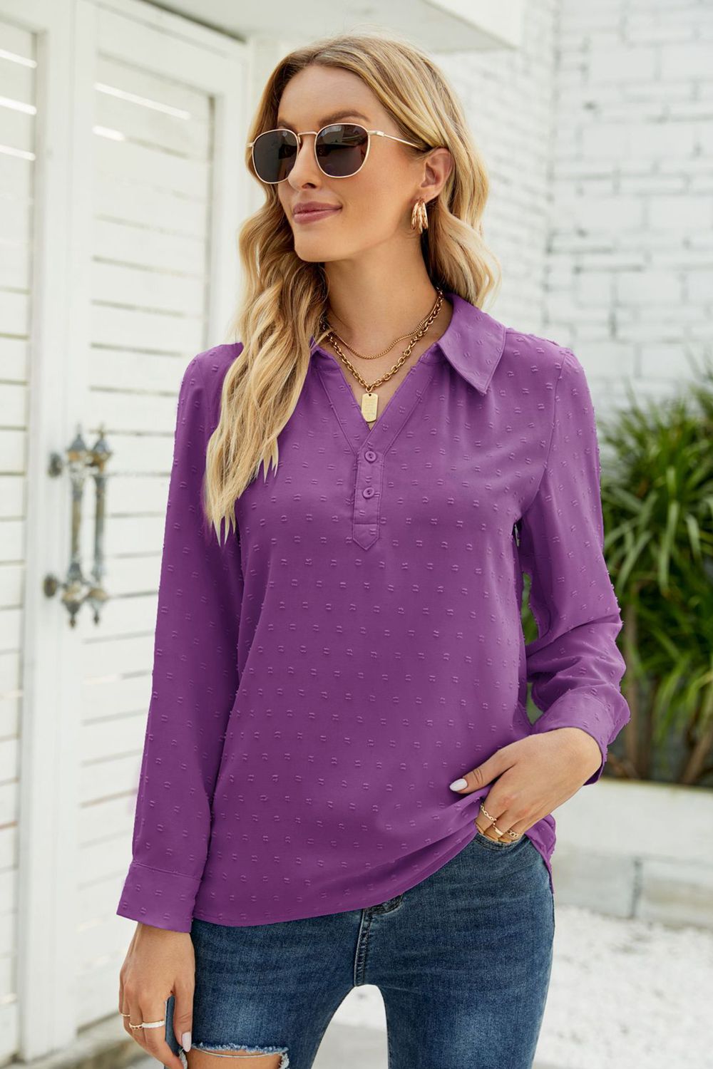 Purple swiss dot blouse with Johnny collar and button front, long sleeves