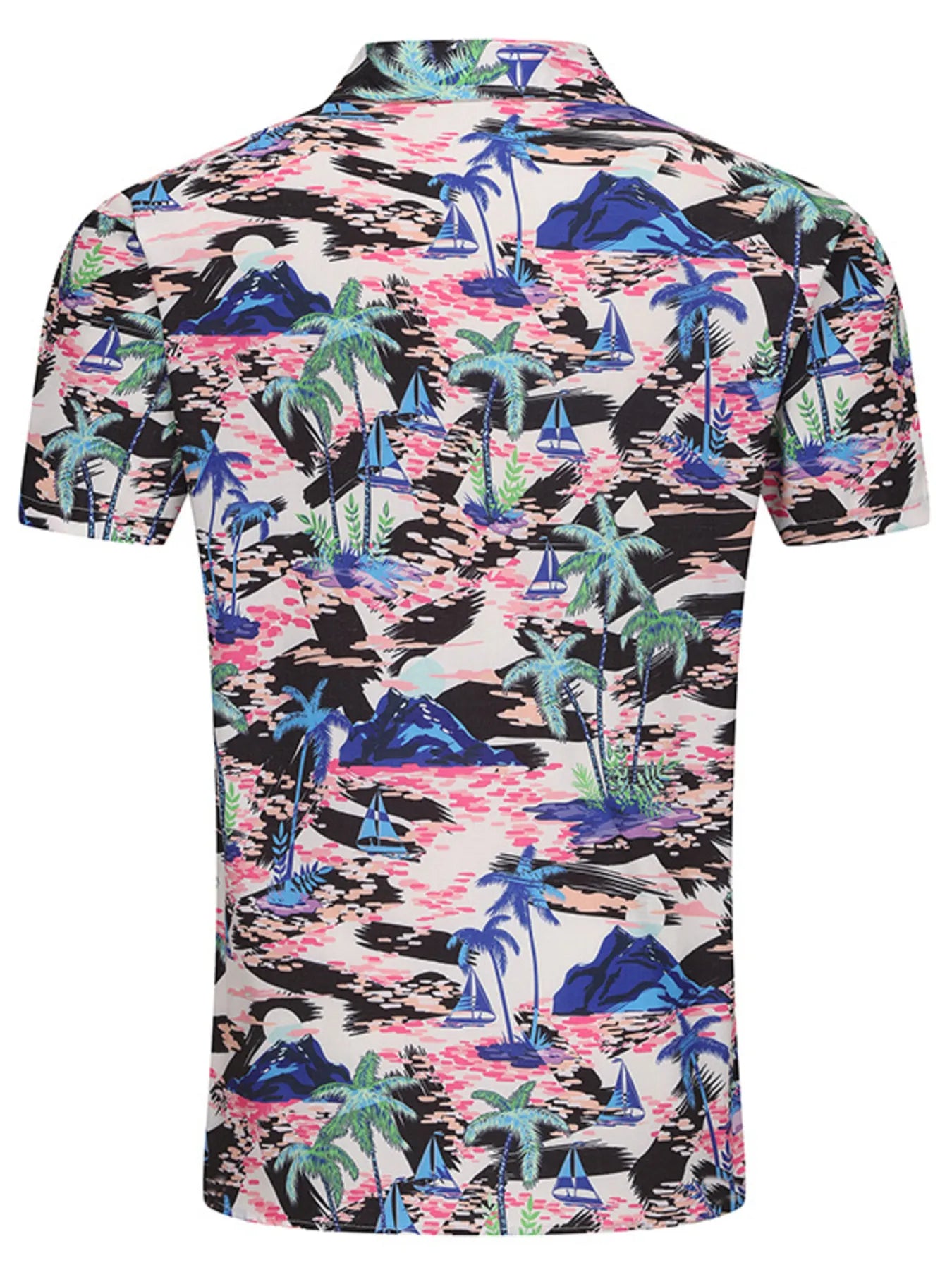 Men's button-up shirt with multicolor tropical scene print, black base, back view.