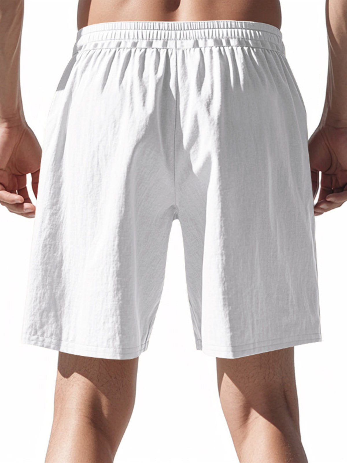 Men's lightweight drawstring shorts in white with elastic waistband and drawcord