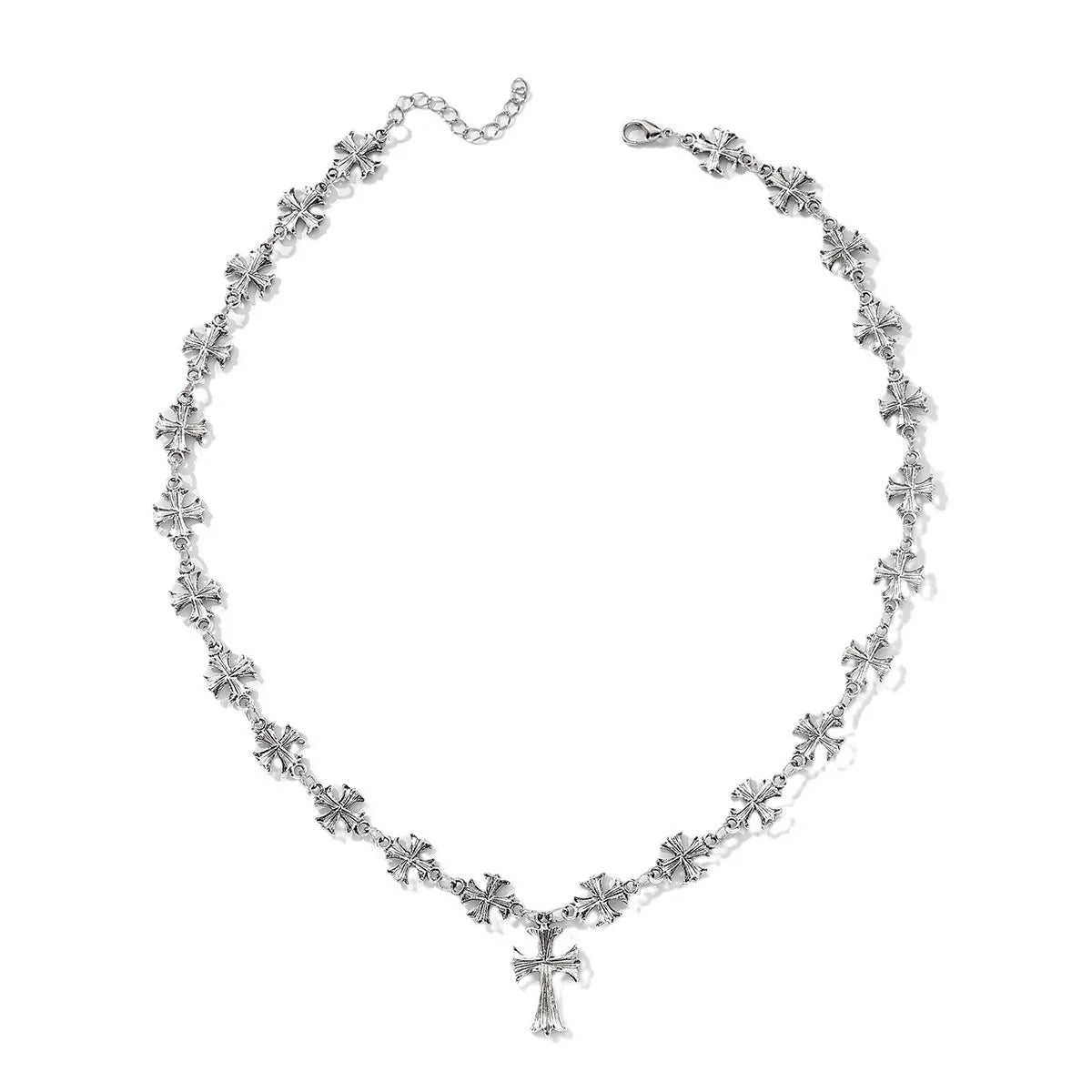 Silver cross pendant alloy necklace with repeating starburst charms and small cross pendant