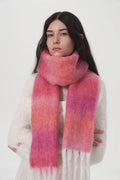Pink gradient thermal scarf with soft fuzzy texture and long fringe ends.