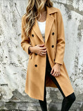 Long double-breasted lapel coat, camel brown, double button front