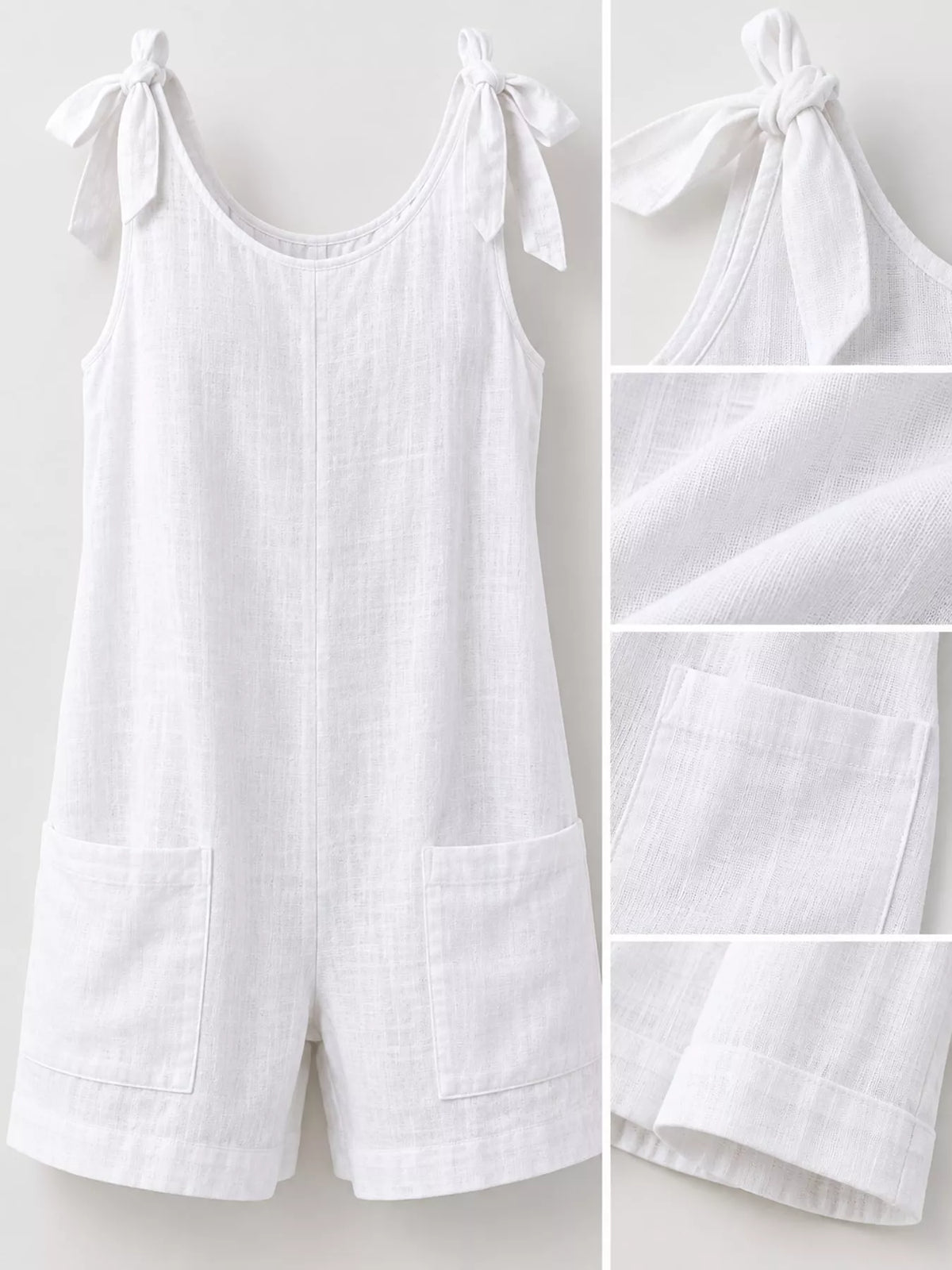 White tie-shoulder bow romper with pocketed shorts and back bow detail.