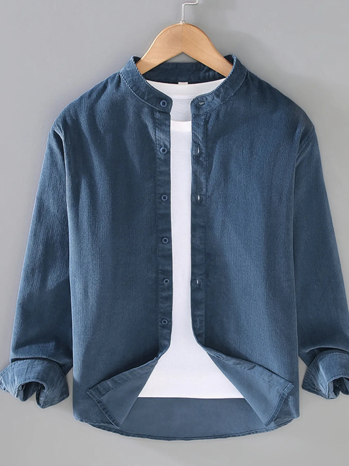 Men's long-sleeve button-up cotton shirt with stand collar, denim blue button placket