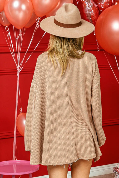 Camel waffle knit V-neck tunic top, long sleeves, uneven hem
