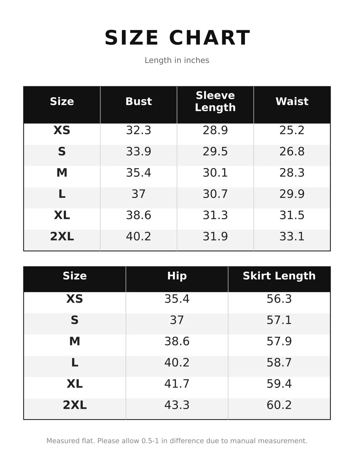 Size chart for maxi dress: bust, sleeve length, waist, hip, and skirt length