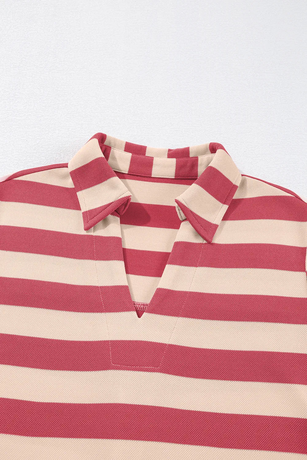 Dusty pink and cream striped Johnny collar long-sleeve mini dress, close-up neckline