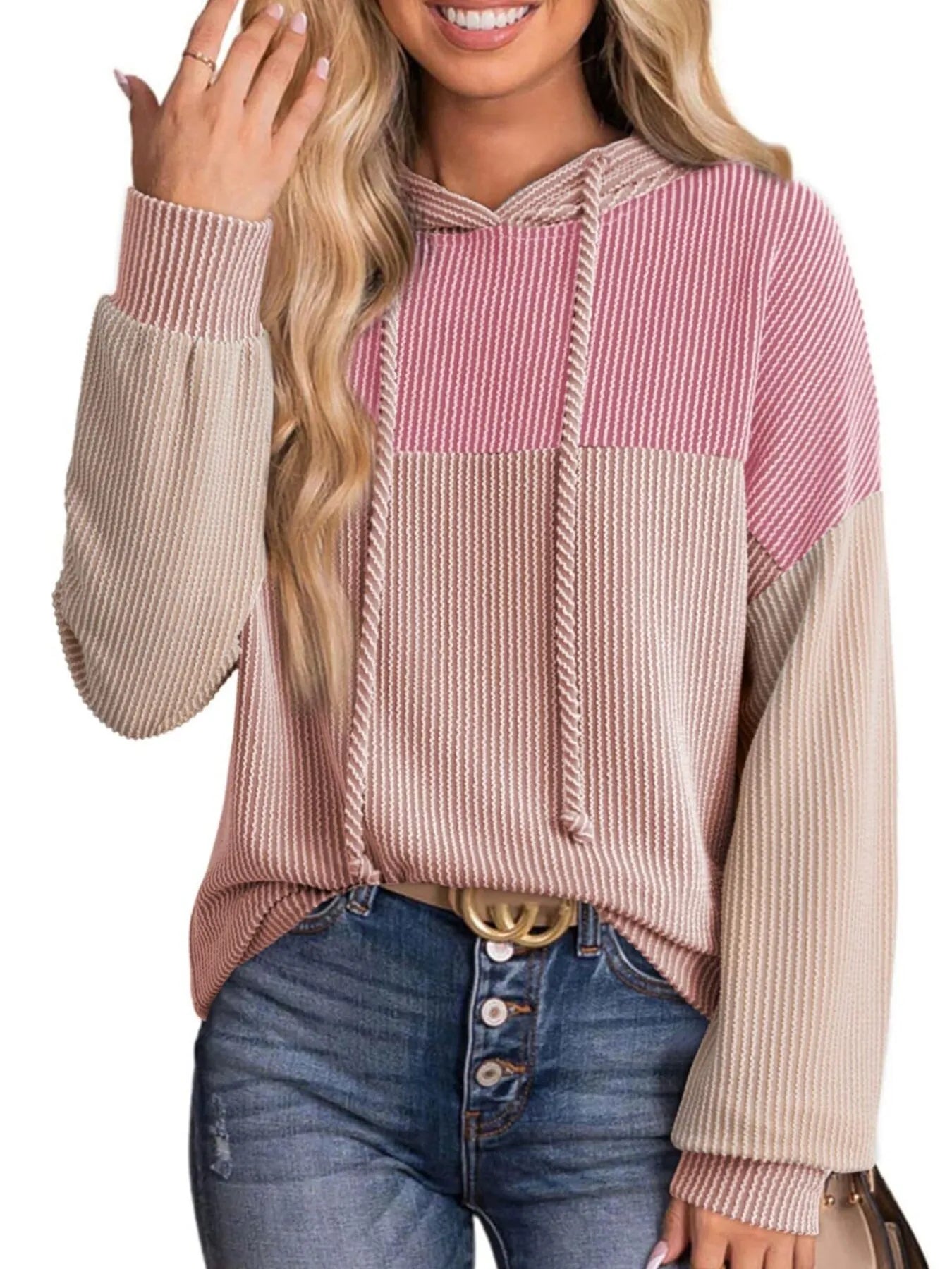 Color-block long-sleeve hoodie with hood and drawstring, pink and cream panels with beige sleeves