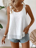 White Swiss-dot scoop neck cami with lace-flower strap trim and ruffled hem