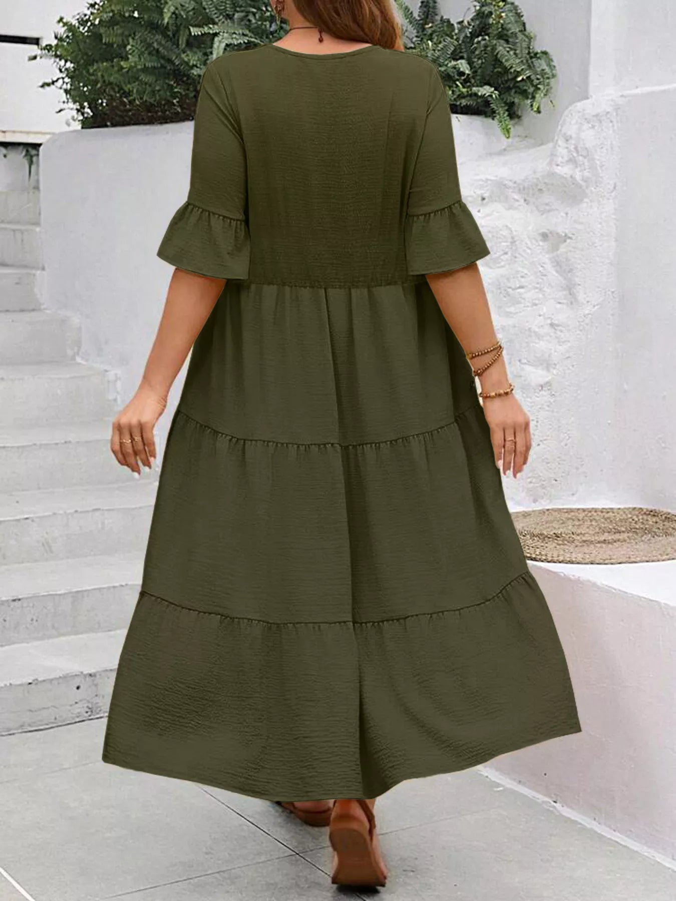 Tiered midi dress, ruffle sleeves, A-line tiered skirt, olive green