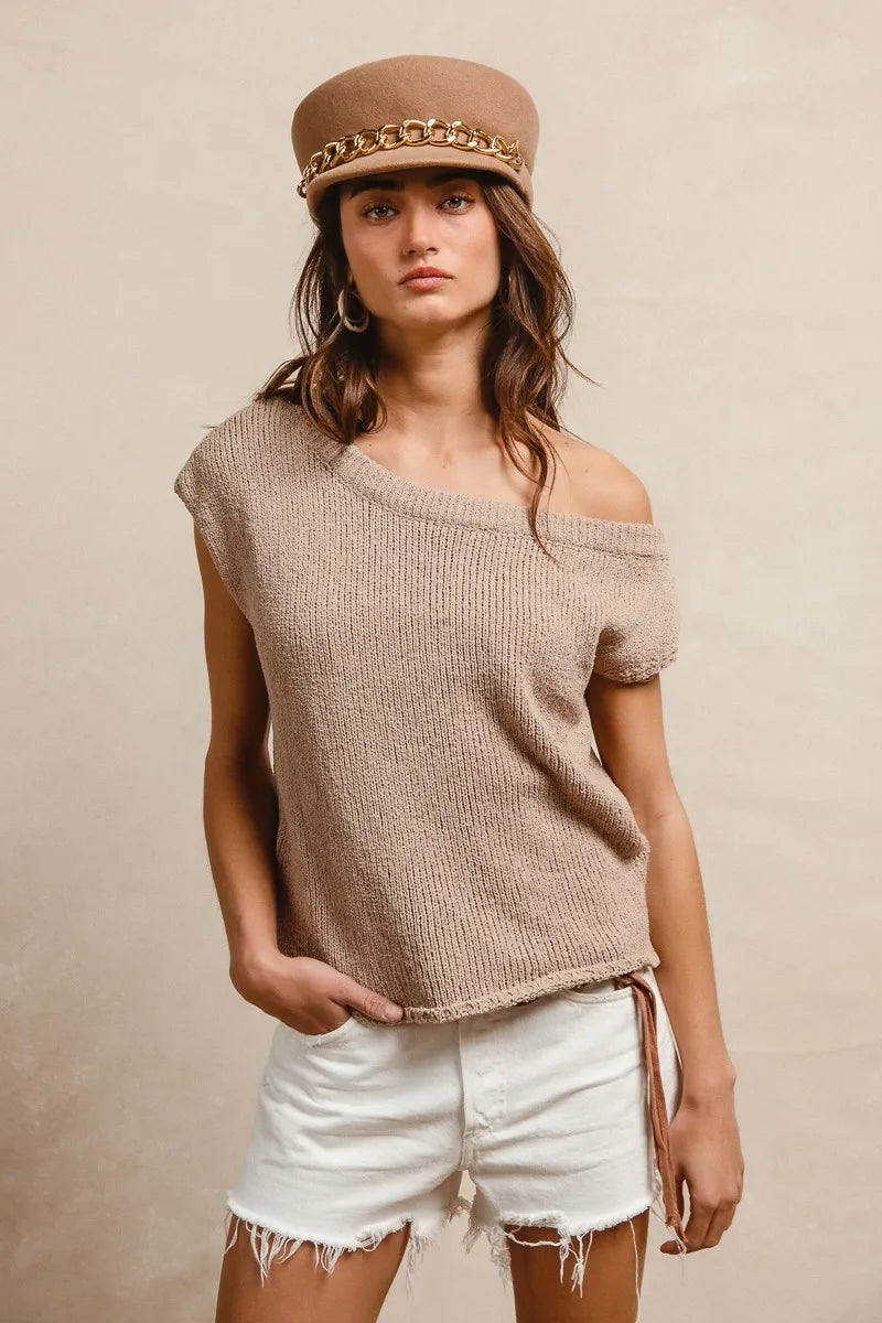 Latte one-shoulder knit top with short sleeves and slightly cropped length
