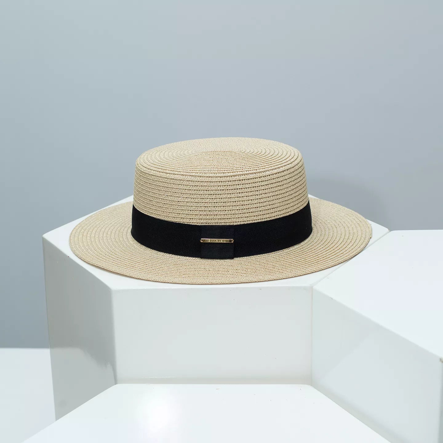 Cedar & Moore Straw Boater Hat with Black Band, natural woven sun hat by Trendsi
