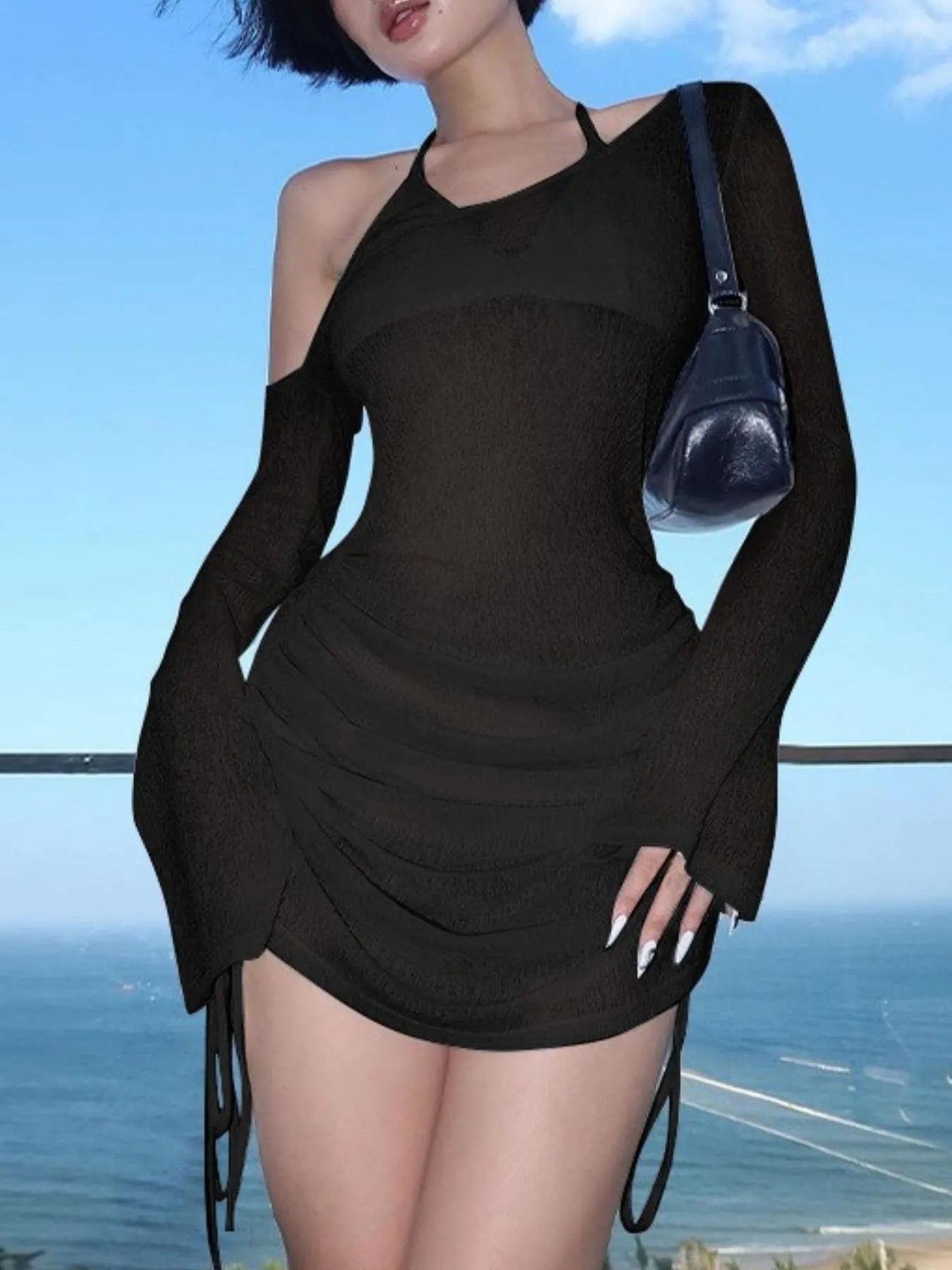 Black one-shoulder ruched mini cover-up dress with sheer long bell sleeves and fringe ties