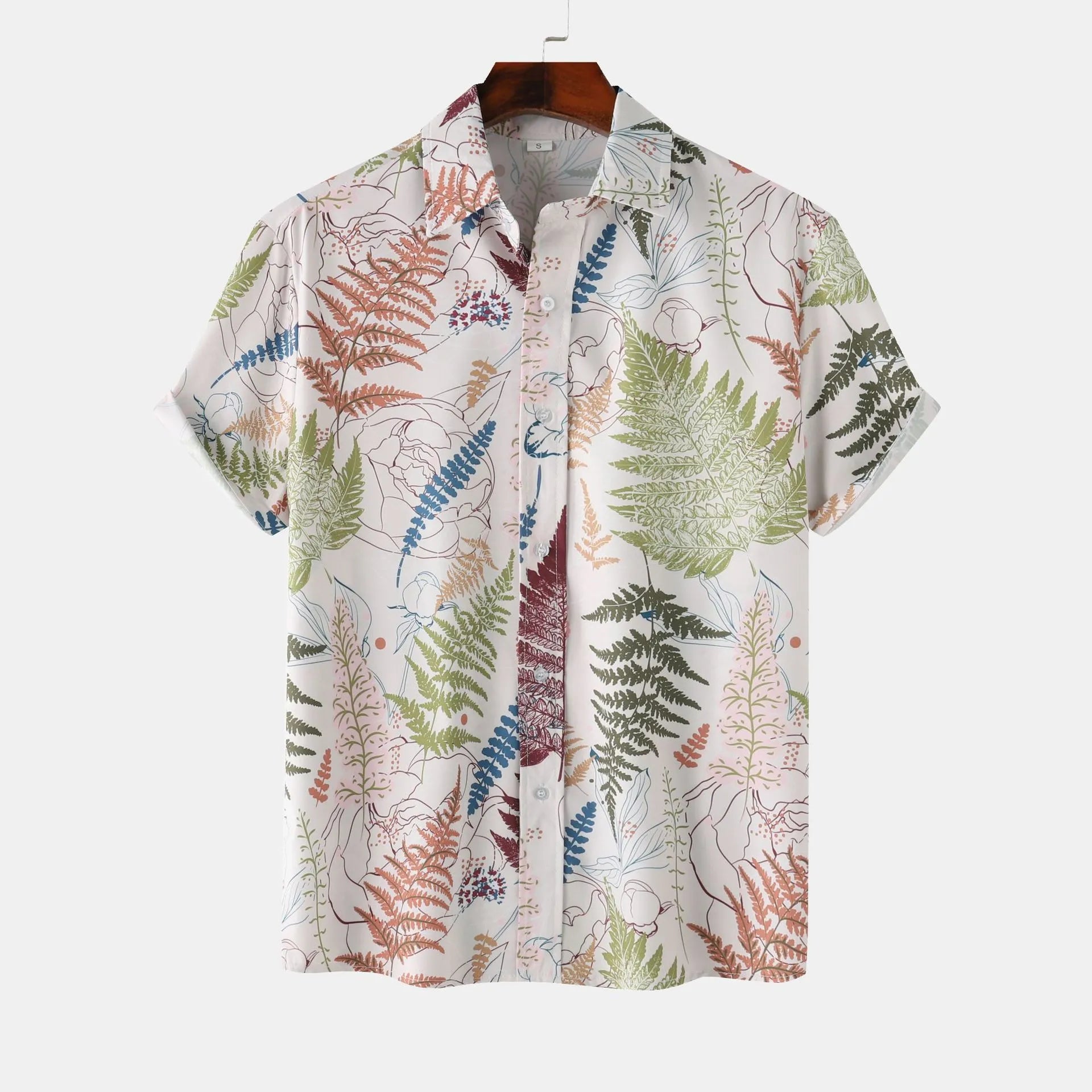 White base printed short-sleeve button-up shirt with colorful leaf-and-fern pattern