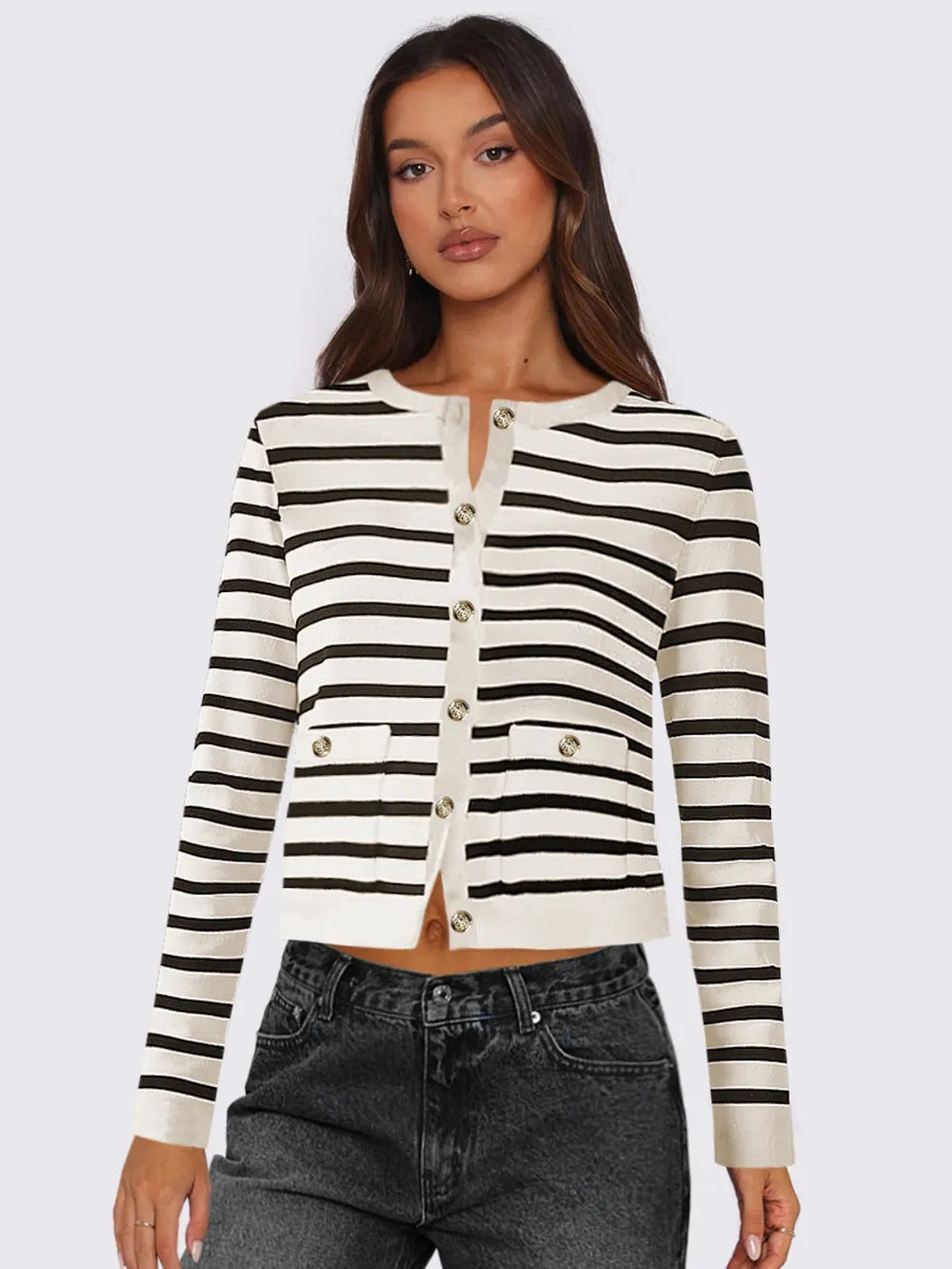 Striped button-up cardigan with round neck and long sleeves, black and white