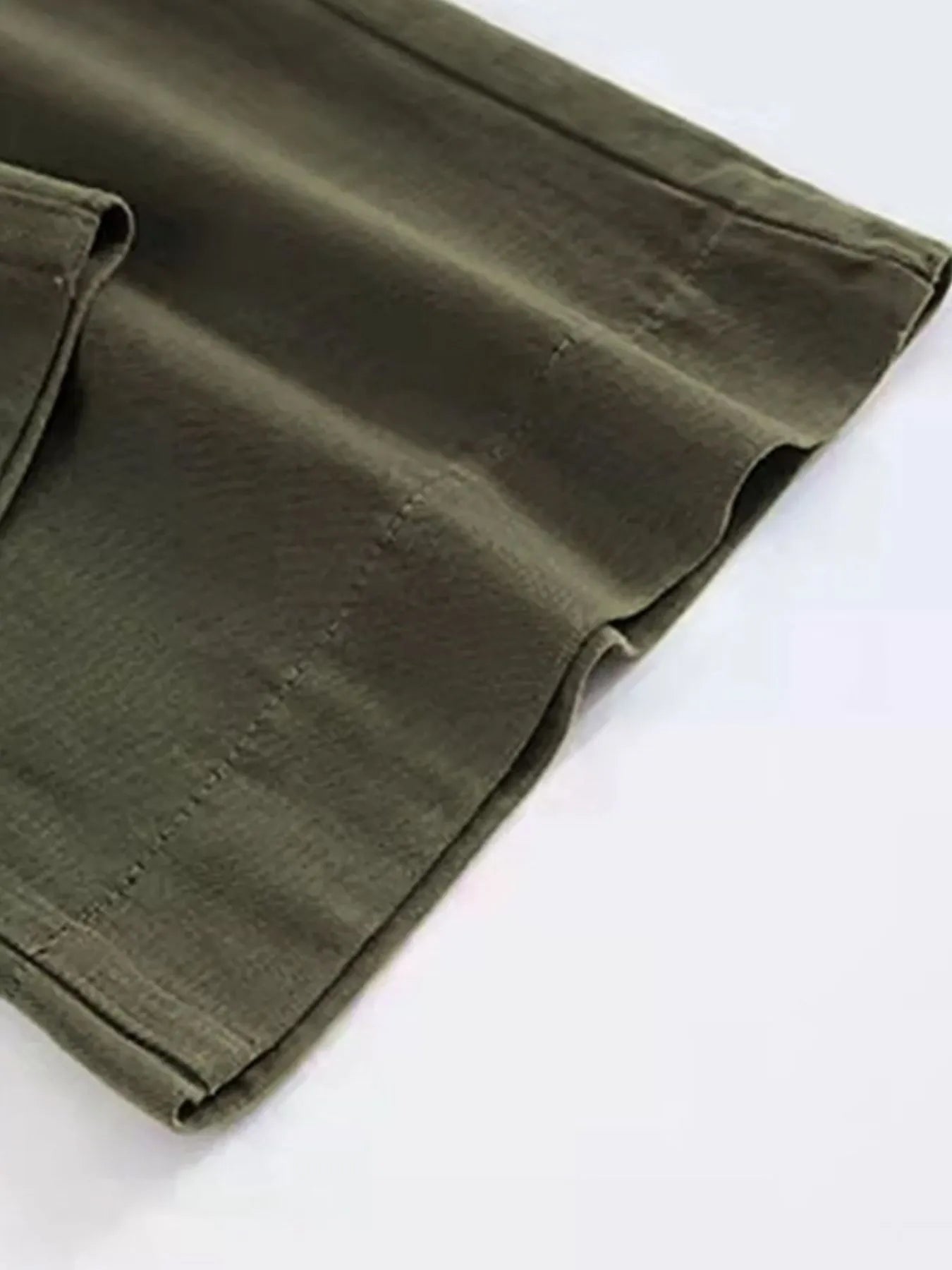 Olive wide-leg pants hem with relaxed straight leg opening