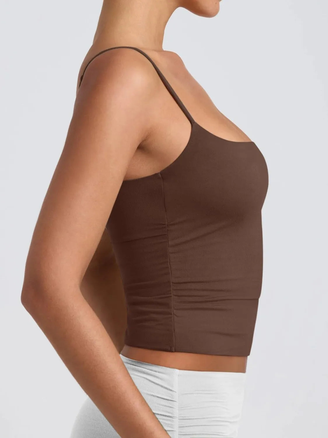 Brown scoop neck cami with narrow straps and ruched side panel