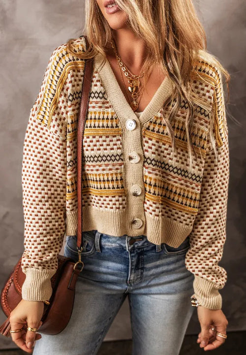 Beige button-front long sleeve cardigan with multicolor geometric stripe knit