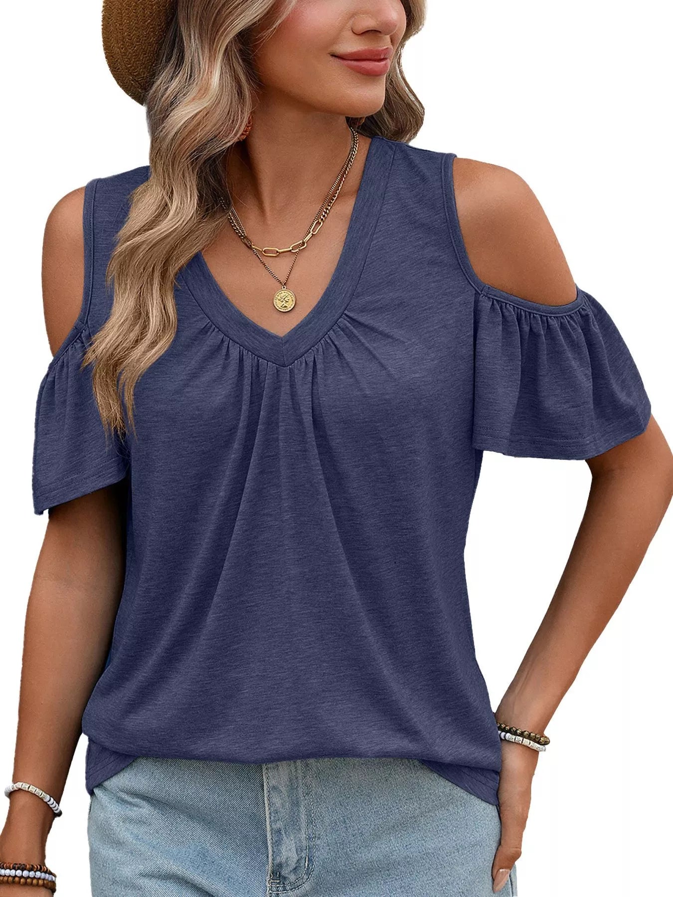 Navy blue cold-shoulder V-neck t-shirt with draped ruffle sleeves and soft jersey