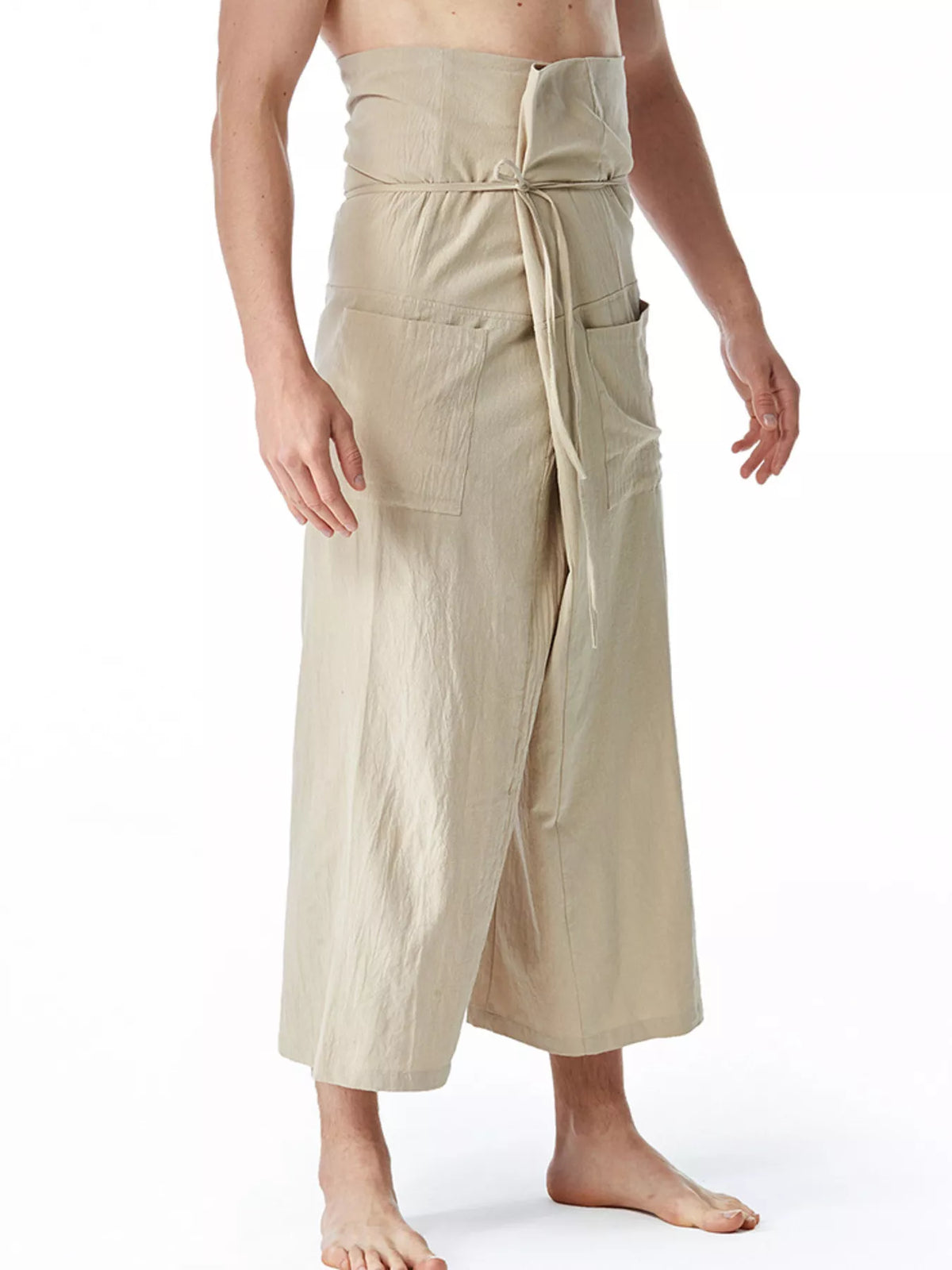 Men's khaki loose-fit drawstring pants with side pockets