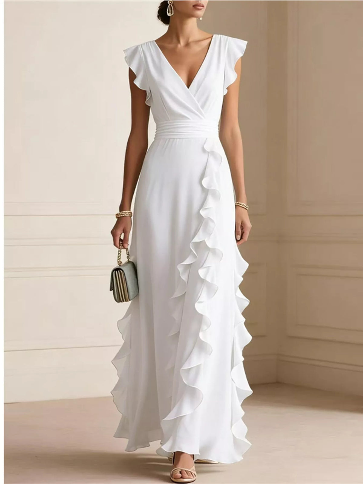 White sleeveless maxi dress with ruffled high waist and V-neck wrap bodice