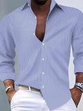 Men's striped button-up long sleeve shirt, light blue with white pinstripes