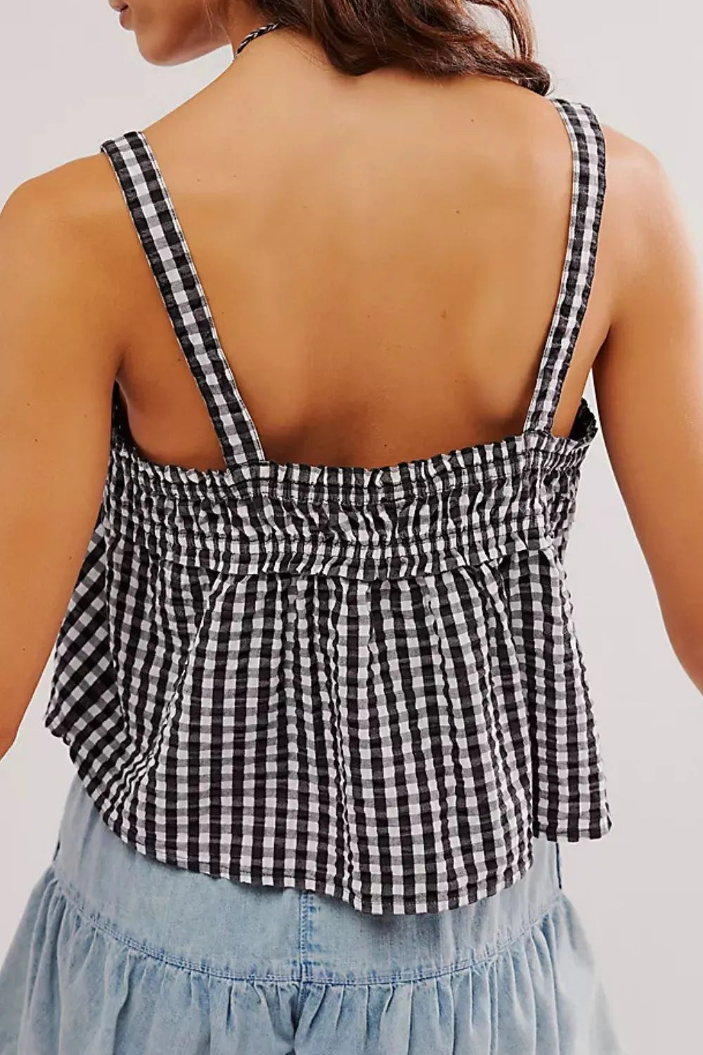 Black gingham cami back with smocked back panel and wide square shoulder straps