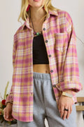 Pink plaid collared button-up shacket with chest pockets and button front