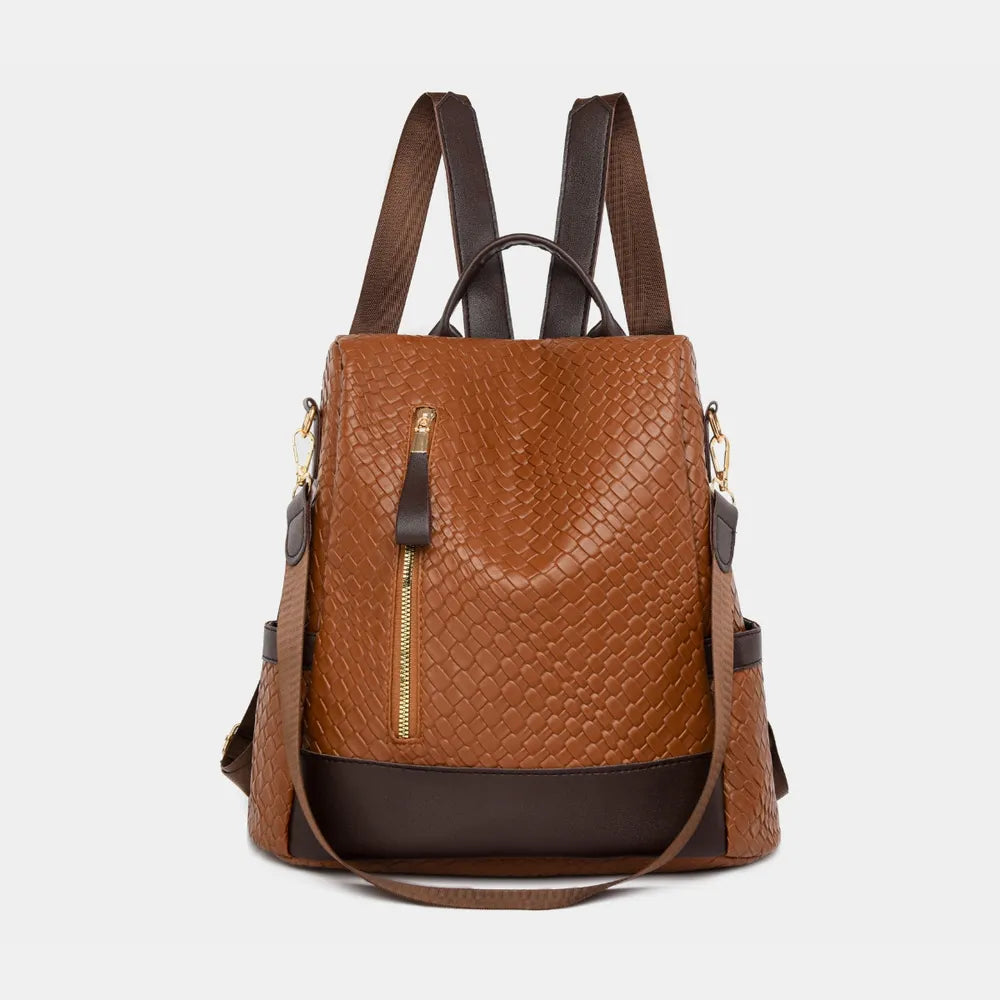 Vegan leather backpack bag in brown with textured finish and front zip pocket
