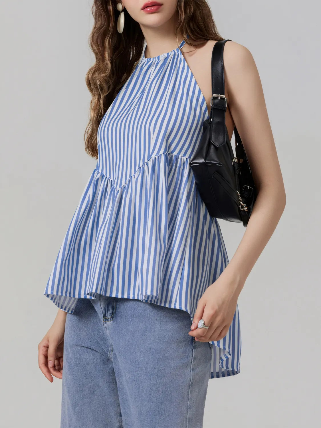 Striped halter neck cami with tiered ruffle hem and sleeveless neckline