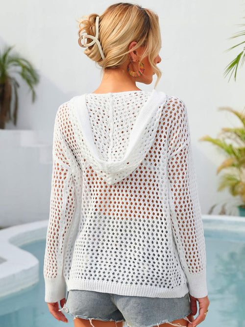 White hooded openwork knit cover-up, draped back hood detail