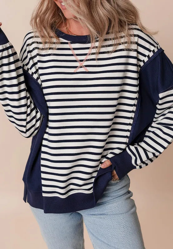 Striped crewneck sweatshirt with exposed seam, navy and white stripes with contrast navy panels