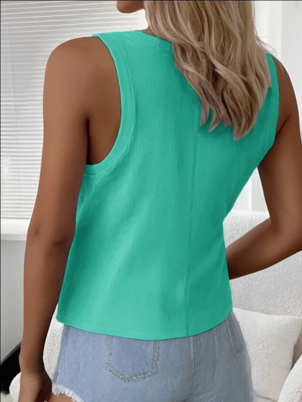 Turquoise solid scoop neck tank top, sleeveless back view with U neckline