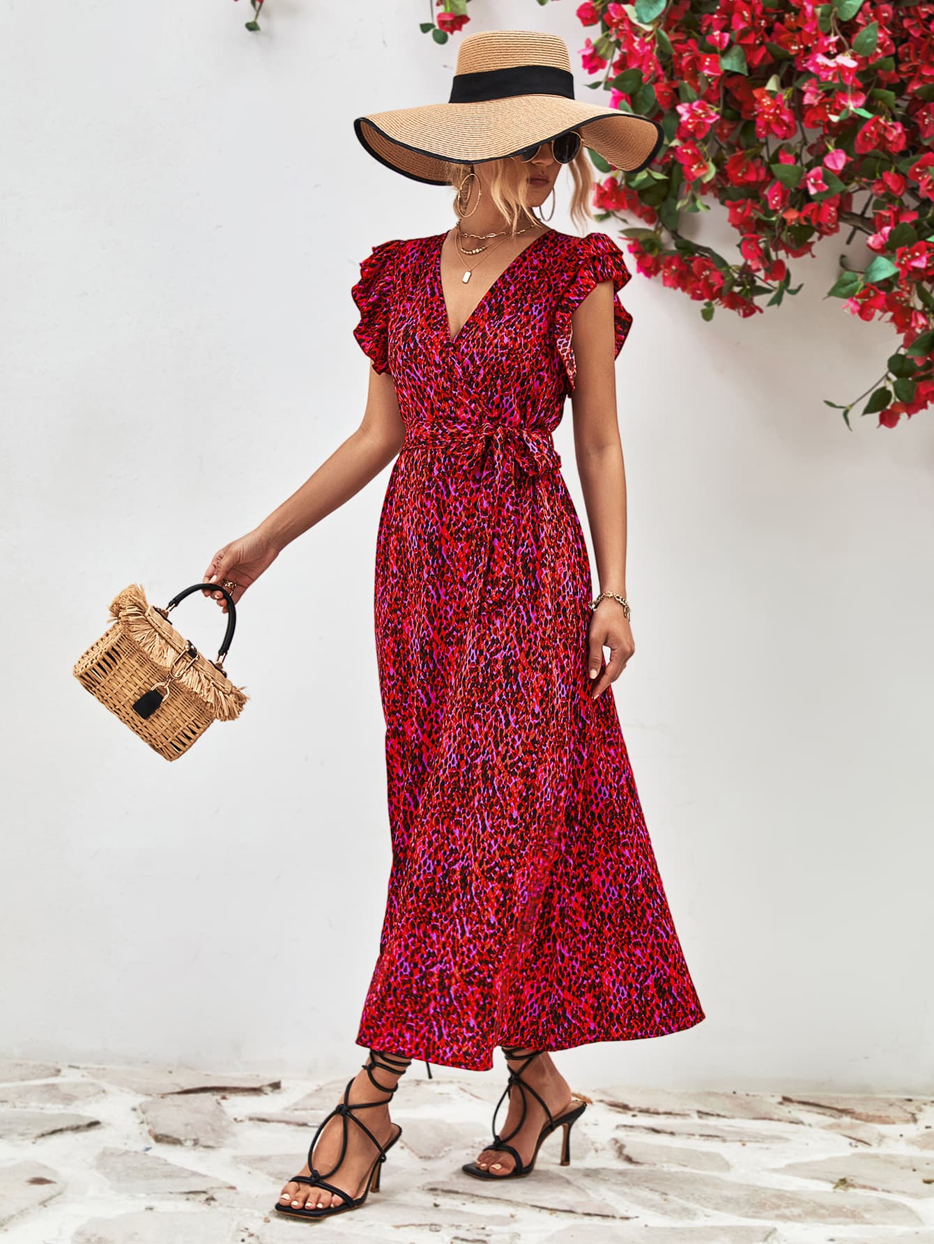 Printed surplice neck slit maxi dress with flutter sleeves, red multicolor pattern