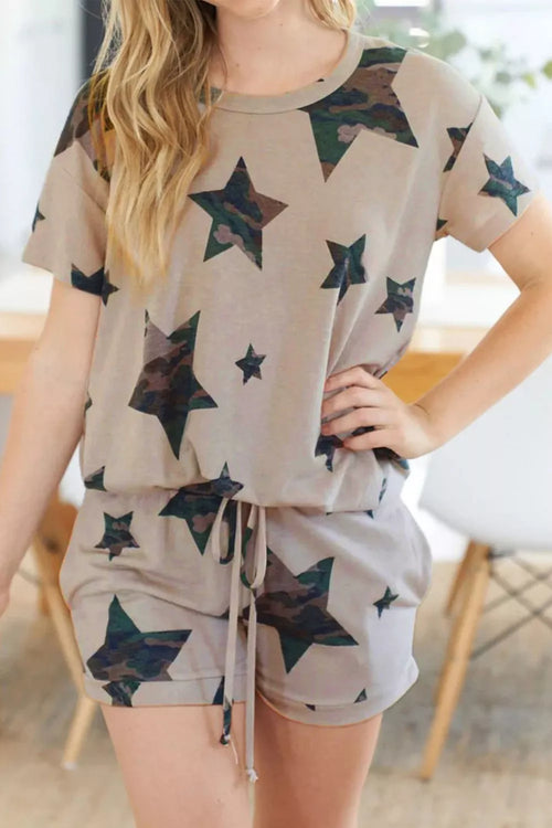 Khaki star-print lounge set: crew-neck tee and drawstring shorts