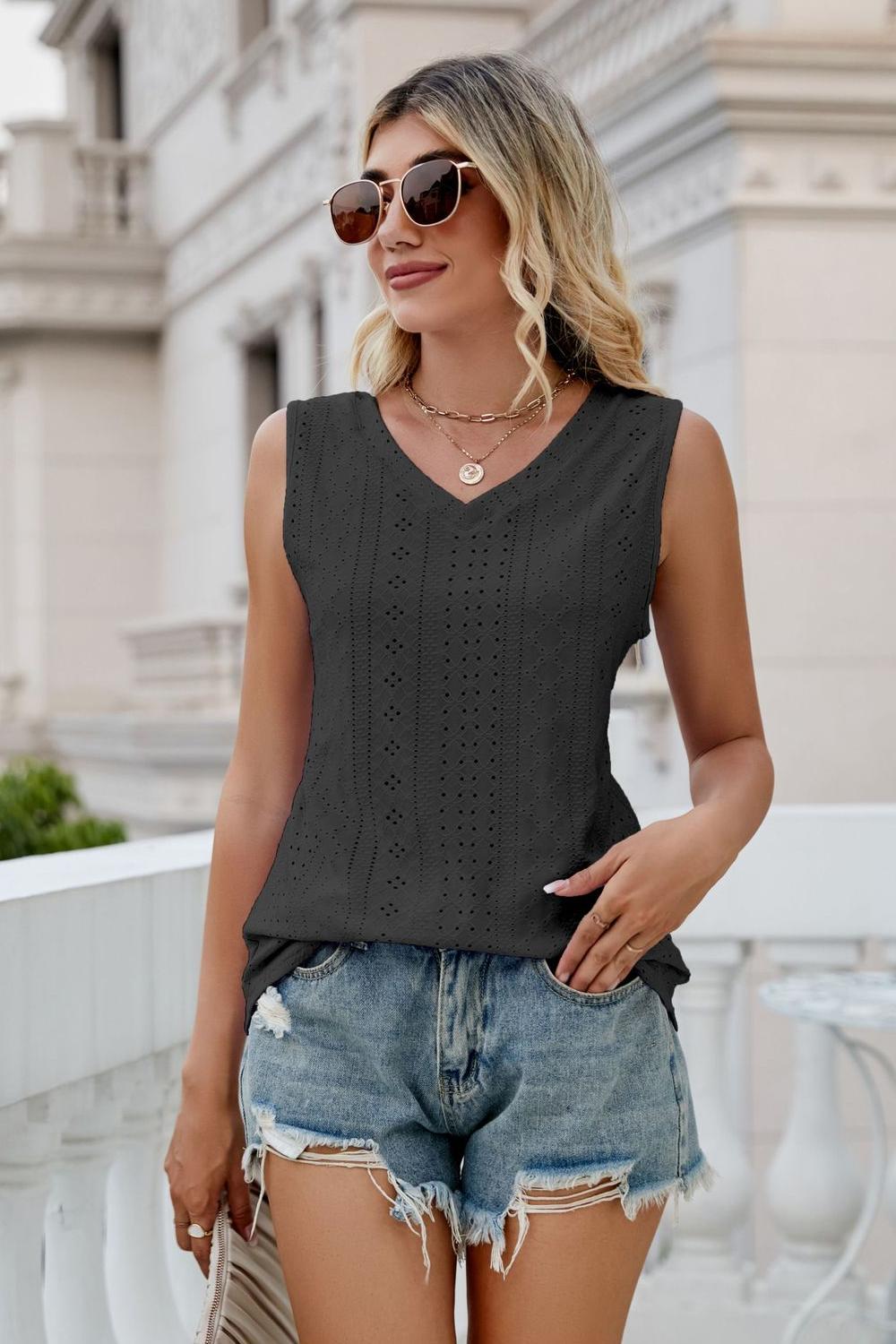 Black eyelet V-neck tank with sleeveless lace cutout pattern